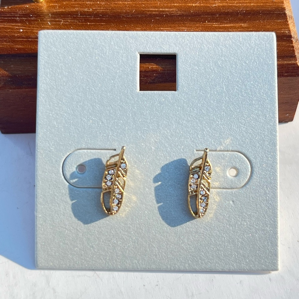 Lydell NYC Gold Tone  Dainty Feather Stud Earrings with Crystals